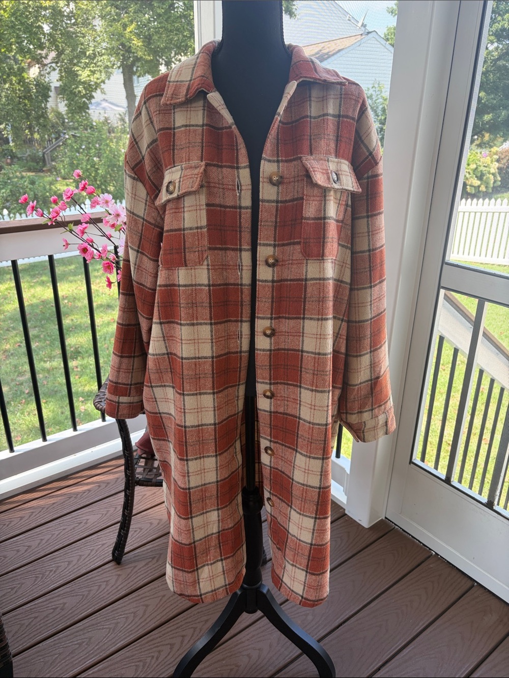 Women’s Long Plaid Shacket Jacket - Rust & Cream
